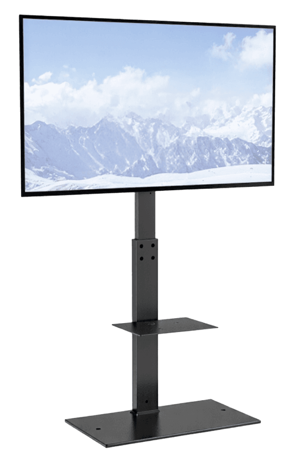 85-inch television on a floor stand with a shelf and a stable base, for presentations and live screenings