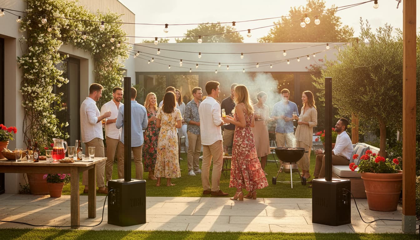 Celebración en el jardín de una casa al atardecer, con dos columnas de sonido discretas entre los invitados, barbacoa y guirnaldas de bombillas