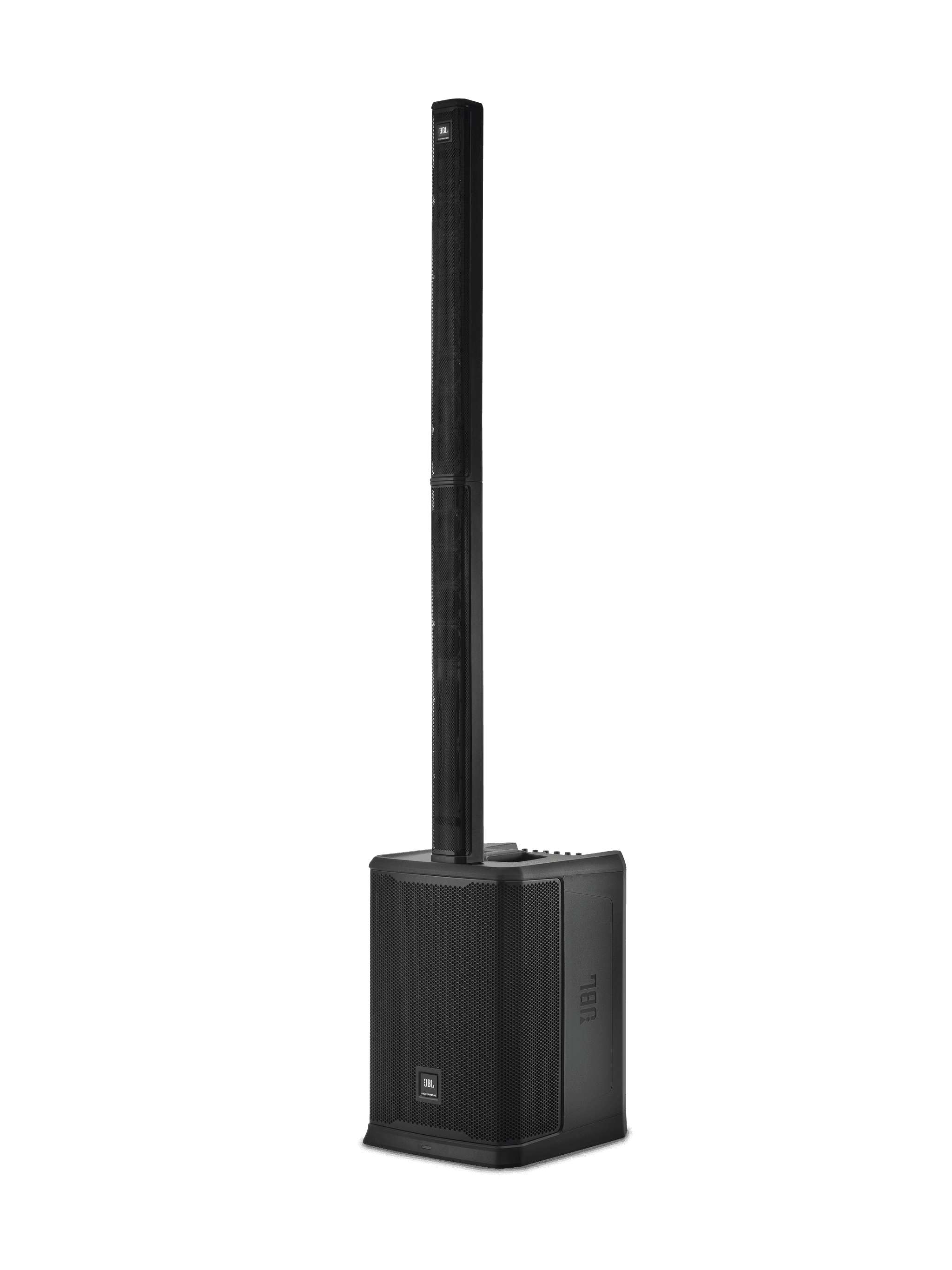 Две колонные системы JBL PRX One с сабвуферными базами и деталь встроенного 7-канального микшера с эффектами Lexicon