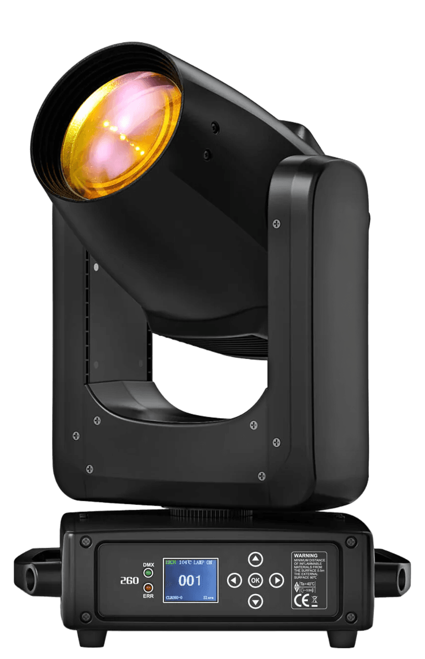 Cabeza móvil de haz 260W con la lente encendida en ámbar y pantalla DMX en la base, para shows de luces en pista