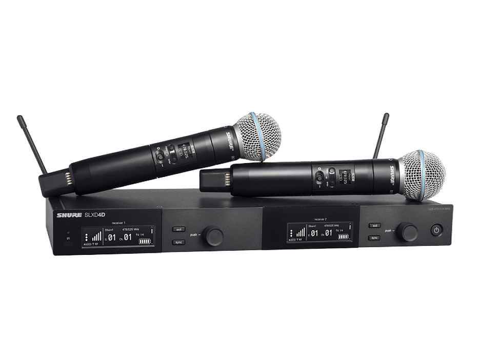 Система Shure SLXD24DE: чёрный рэковый приёмник с двумя антеннами и двумя ручными микрофонами Beta 58A сверху