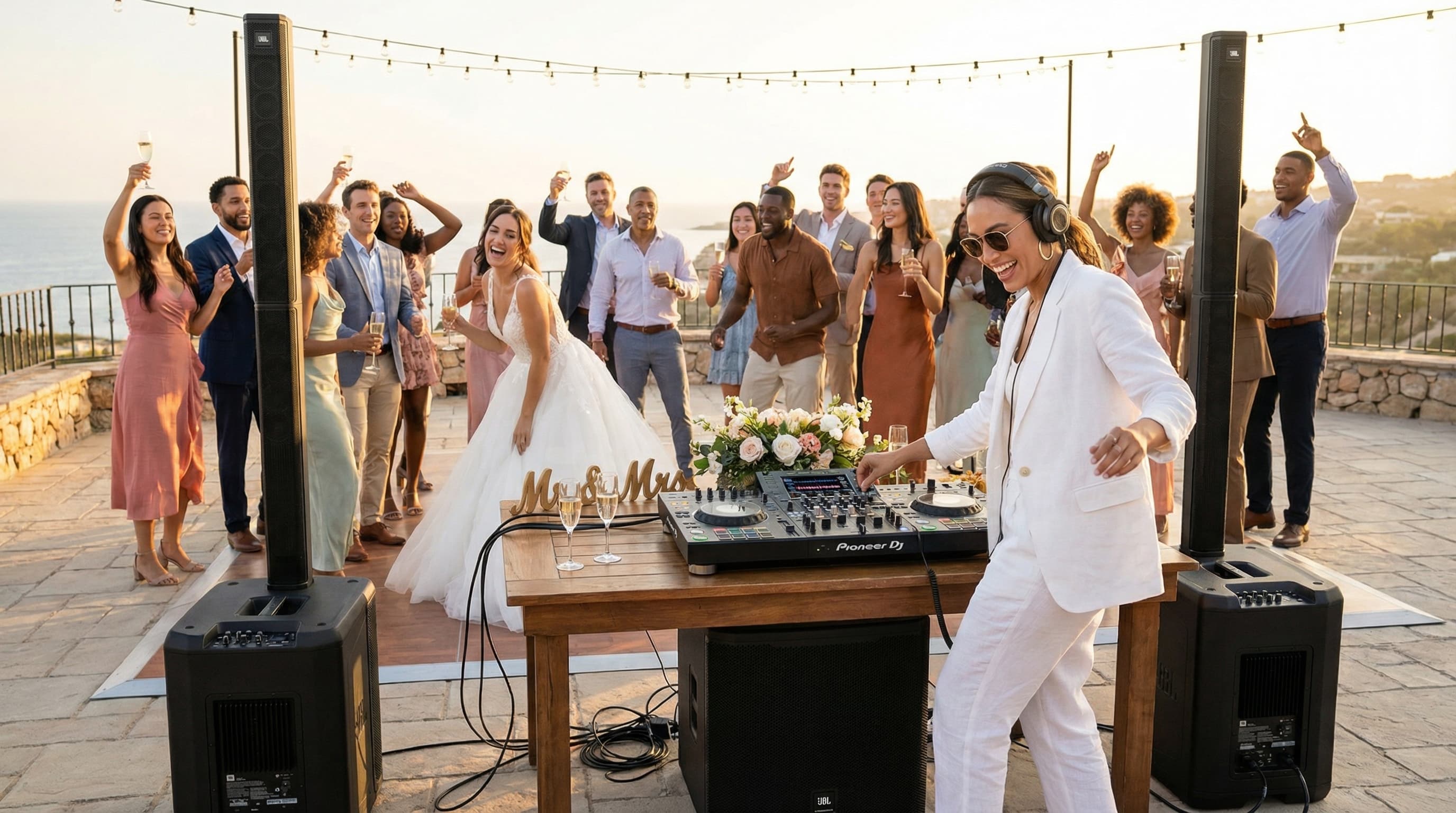 Wedding party on a terrace above the sea: the bride dancing, a DJ at the decks, two JBL PRX One columns with subwoofers and string lights