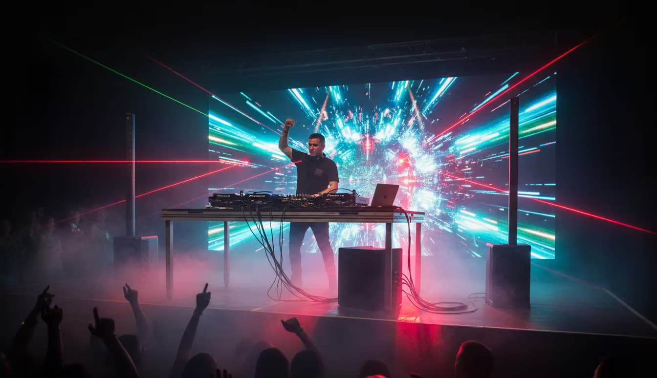 DJ en el escenario con el puño en alto ante una pantalla LED de estelas de luz, con láseres rojos y verdes cruzando la niebla