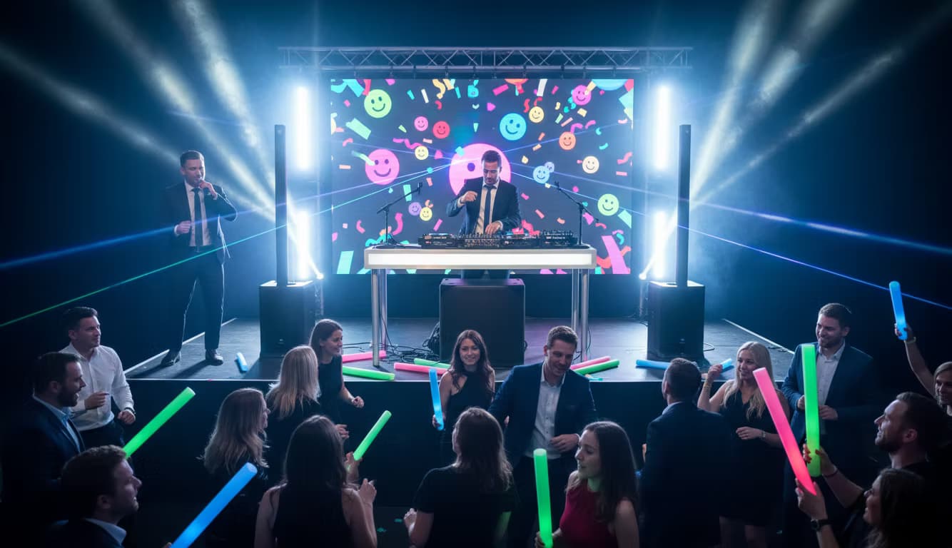Fiesta de empresa en una sala oscura: DJ de traje sobre el escenario ante una pantalla LED, con truss, haces de luz y los invitados con barras luminosas