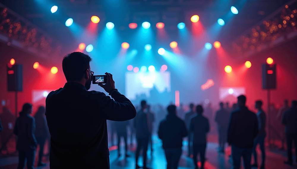 Asistente grabando con el móvil en una fiesta multitudinaria, con focos azules y rojos sobre el escenario