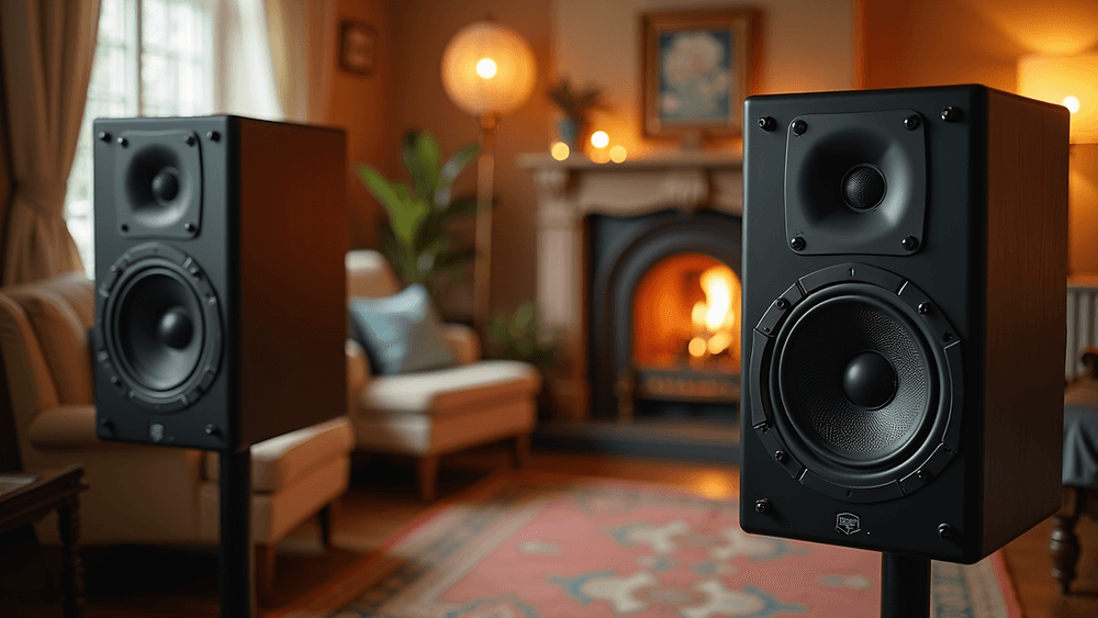 Dos altavoces de estantería sobre soportes en un salón con chimenea encendida y butaca