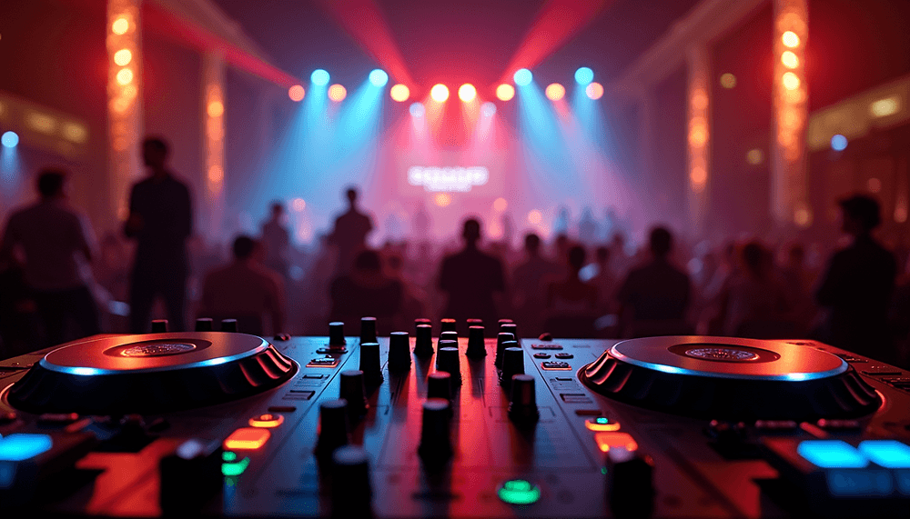 Primer plano de los platos de un controlador DJ, con el público y las luces de escenario desenfocados al fondo