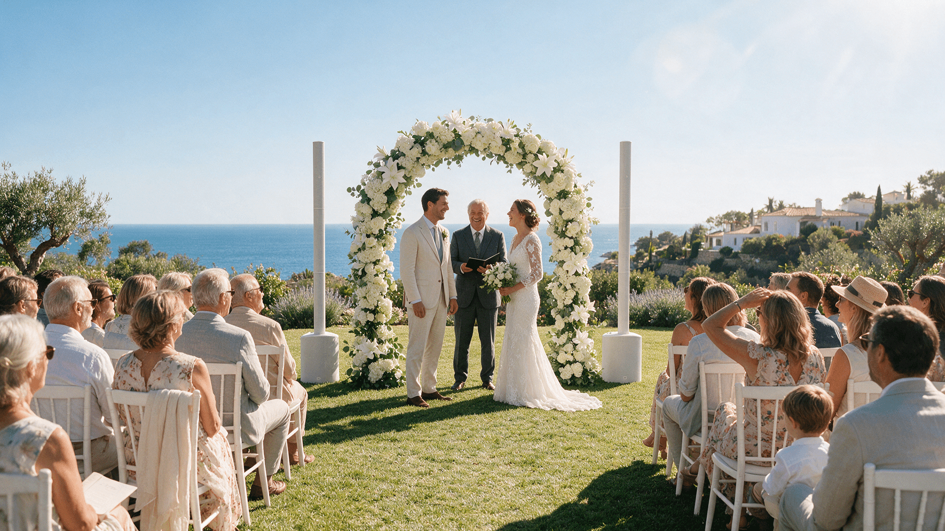 wedding ceremony in white, LD maui 5 PA speakers white