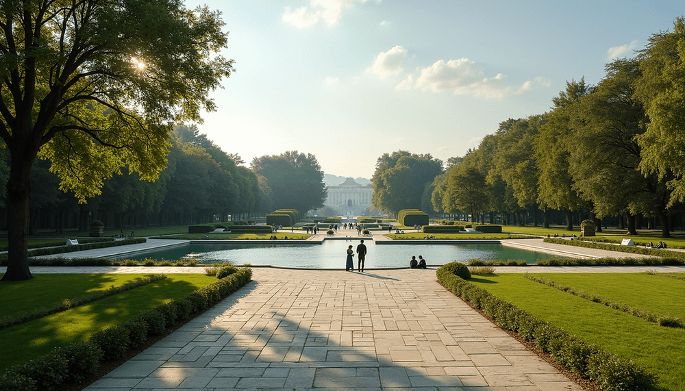 Parque urbano con un estanque rectangular, árboles y paseo empedrado, con un edificio clásico al fondo