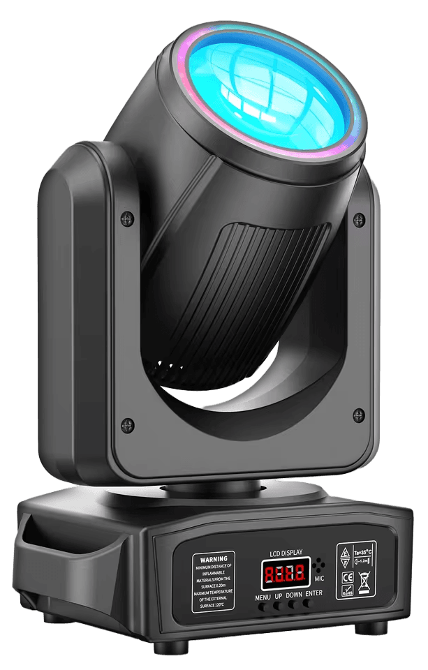 Cabeza móvil compacta de 200W con haz cian y anillo LED RGB, pensada para villas y salas medianas