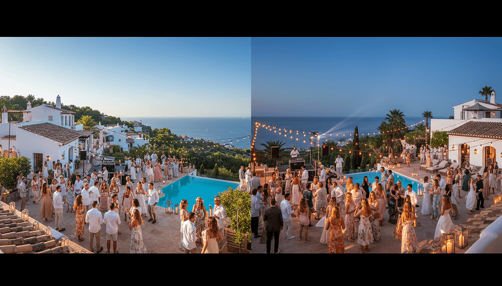 La misma fiesta en una villa con piscina sobre el mar, de día y de noche: los invitados bailan bajo guirnaldas de luces