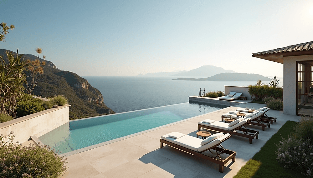 Terraza de una villa con piscina infinita y tumbonas, con vistas al mar y a la costa montañosa