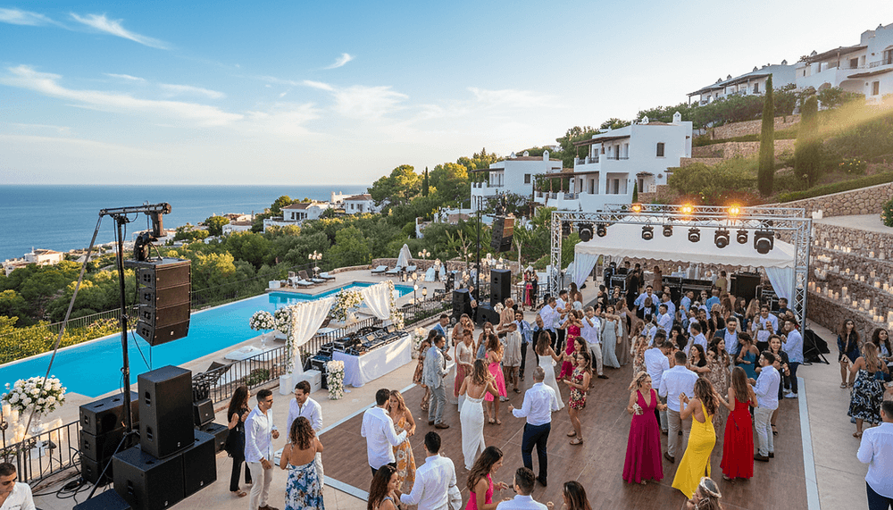 Boda en una villa sobre el mar: pista llena de invitados, line array a los lados y truss con cabezas móviles junto a la piscina