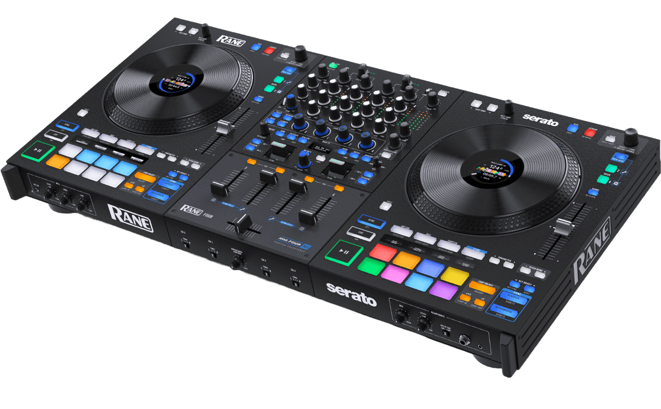 Controlador Rane Four para Serato DJ Pro, con dos platos motorizados, mezclador de 4 canales y pads de colores