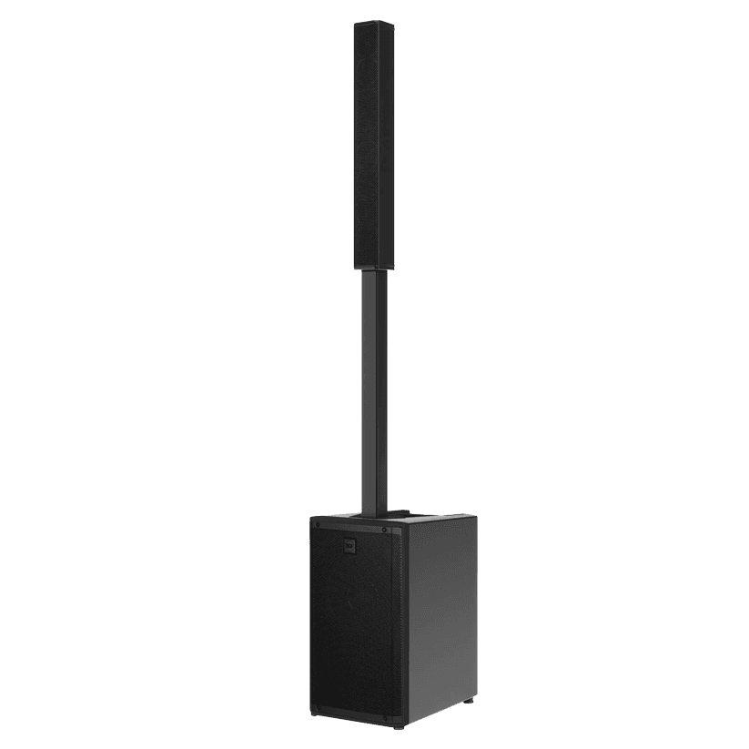 Columna RCF EVOX J9 negra: array vertical sobre un mástil, encima de su subwoofer