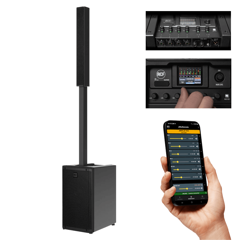 Columna RCF EVOX JMIX9 con detalle del mezclador con pantalla táctil y la app JMixRemote en un móvil