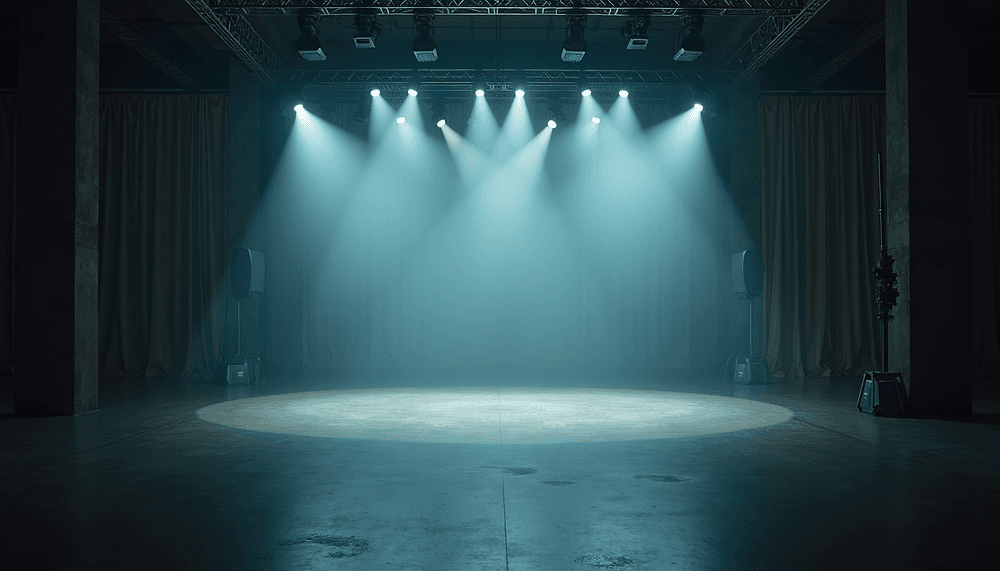 Escenario vacío con truss, focos cenitales sobre un círculo de luz en el suelo y altavoces a los lados