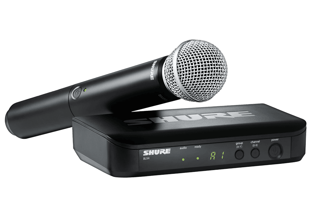 Micrófono de mano inalámbrico Shure con su receptor BLX, listo para discursos y presentaciones