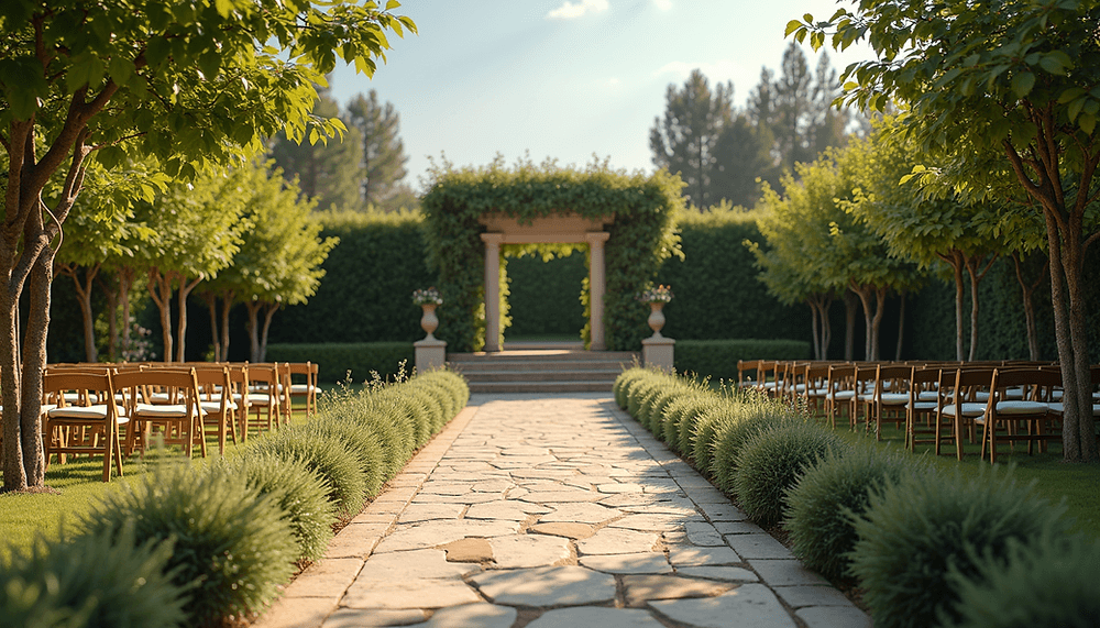 Ceremonia de boda montada en un jardín: pasillo de piedra entre sillas de madera y una pérgola cubierta de hiedra