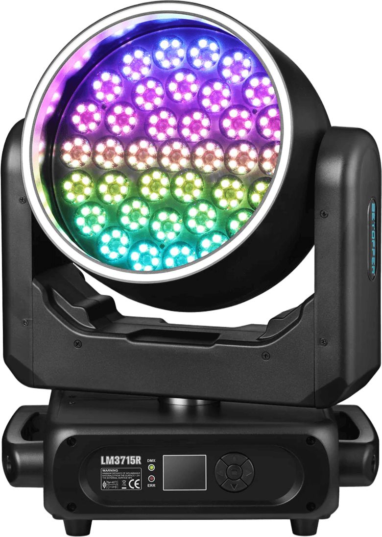 Cabeza móvil wash con matriz de LED RGBW encendida en varios colores, para bañar la sala de luz uniforme