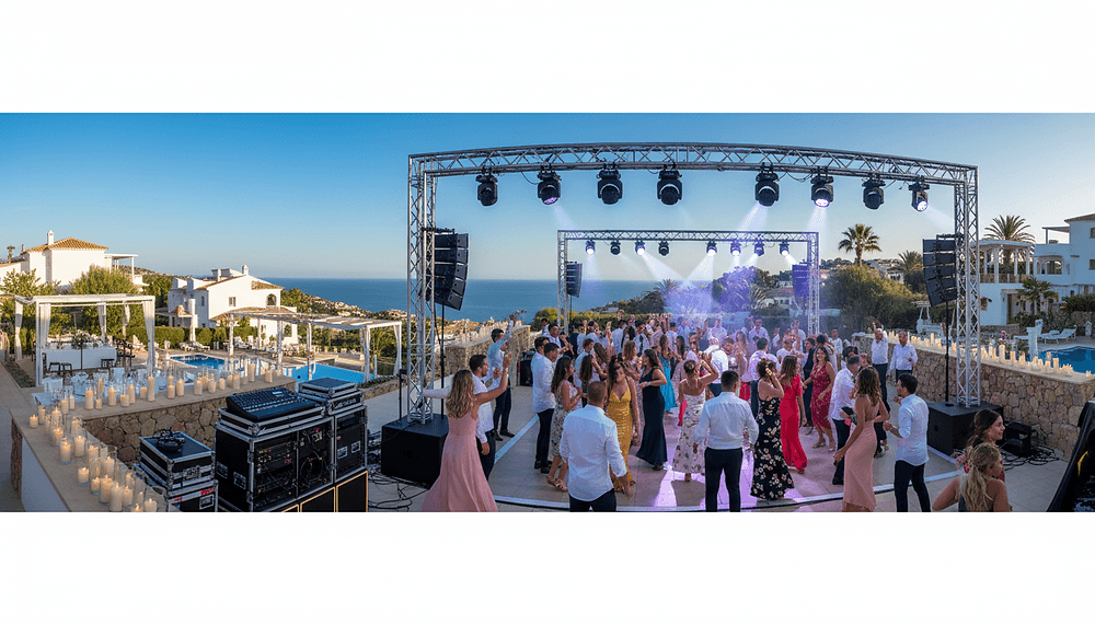 Panorámica de una boda en una villa junto al mar: truss con cabezas móviles, line array y los invitados bailando entre velas