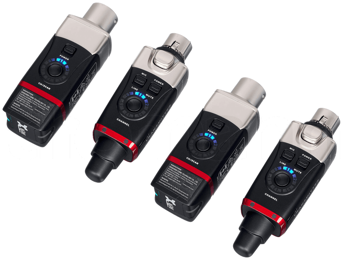 Sistema inalámbrico Xvive U35D: cuatro módulos negros con conector XLR cromado, vista en ángulo