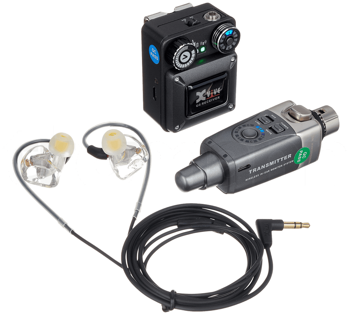 Equipo Xvive U4T9 completo: auriculares in-ear transparentes, receptor de petaca y transmisor con XLR