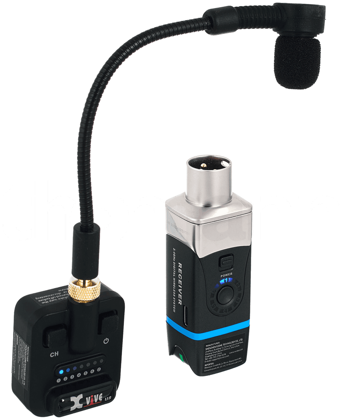 Sistema Xvive U8: transmisor negro con micrófono de cuello flexible y receptor con conector XLR