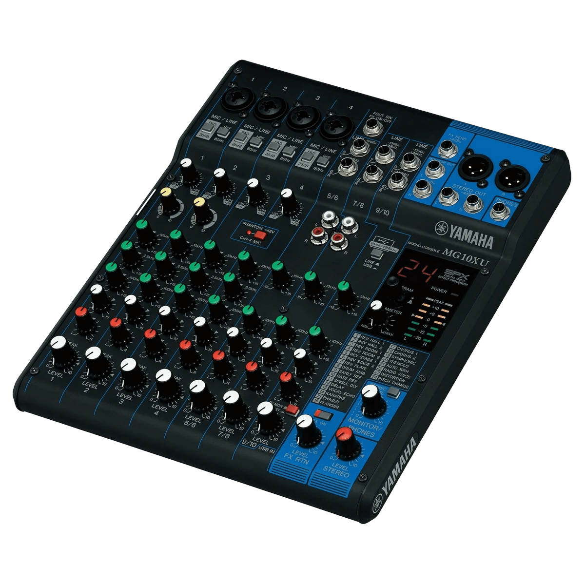 Микшерный пульт Yamaha MG10XU на 10 каналов: микрофонные предусилители, эффекты SPX и выход USB